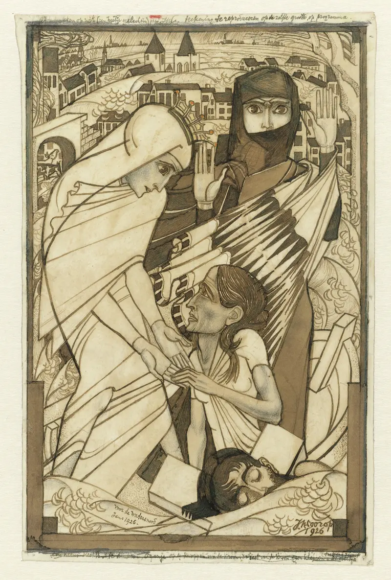 This painting depicts the humanitarian efforts during the 1926 flood in a symbolic manner.