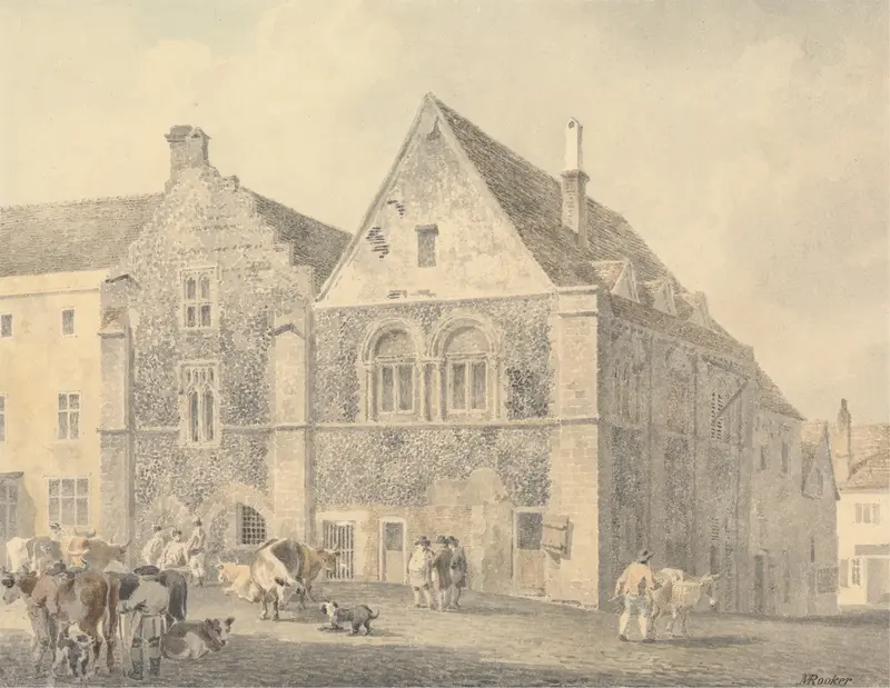 Landscape of The Market Square, Bury St. Edmunds, oil on canvas by Michael Angelo Rooker