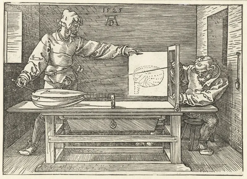 Drawing by Albrecht Dürer depicting a musician sketching a lute on paper
