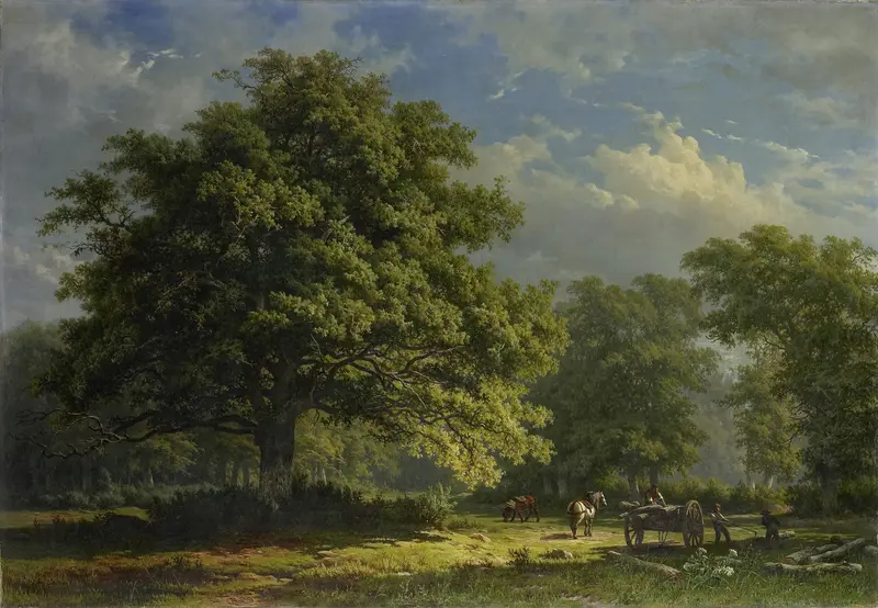 View in the Bentheim Forest by George Andries Roth, oil on canvas depicting a forest with shadows and light.