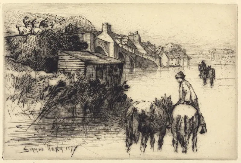 Engraving of Wareham Bridge by Francis Seymour Haden, depicting a tranquil landscape with water reflections.