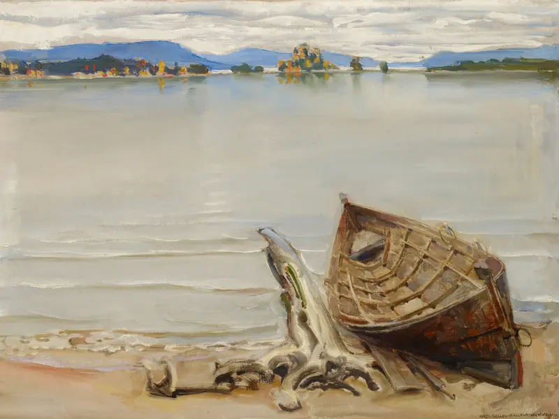 Venevanhus by Akseli Gallen-Kallela, oil on canvas depicting a serene river and lush forest.