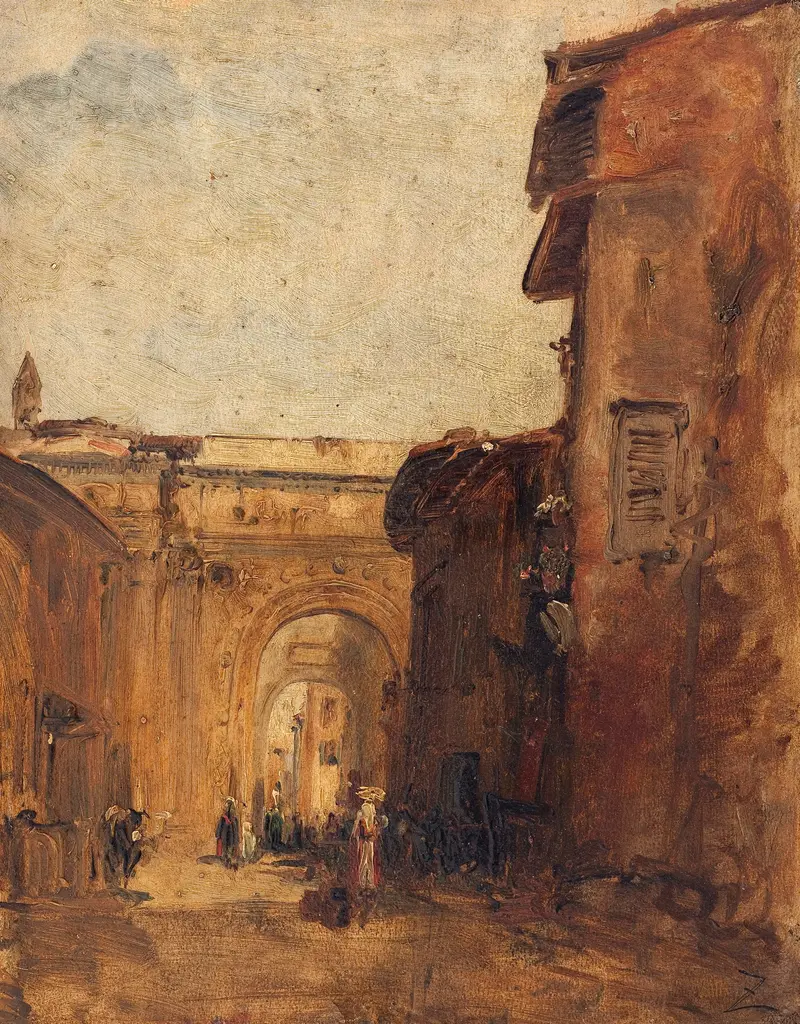 Une Rue À Florence by Félix Ziem, oil on canvas depicting a quiet street in Florence with light and shadows.
