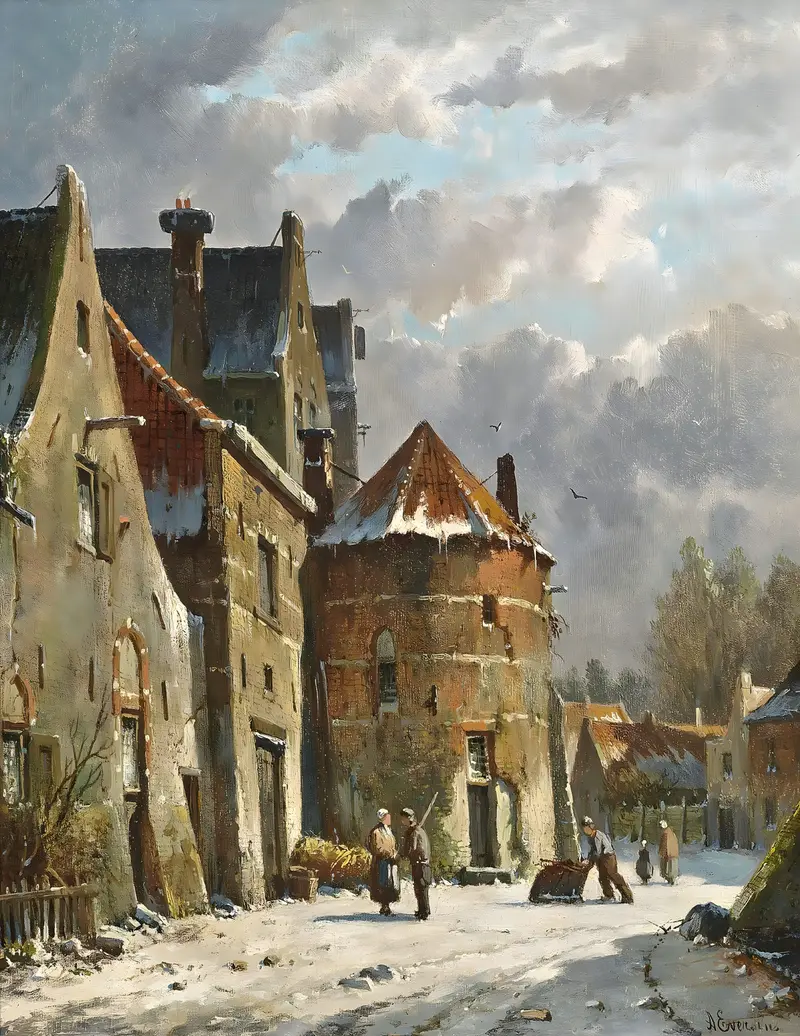 Figures on a Dutch street in winter, oil on canvas by Adrianus Eversen