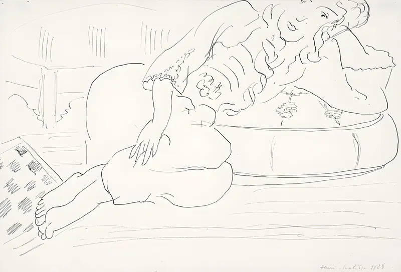 Henri Matisse's 'Odalisque; damier, coussin' features a reclining figure with vibrant colors.