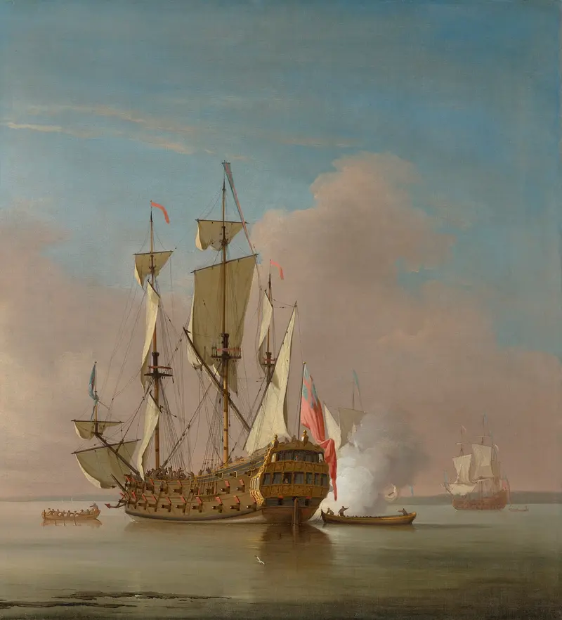A Royal Navy 46-gun Man-o-war firing a salute, oil on canvas by Peter Monamy