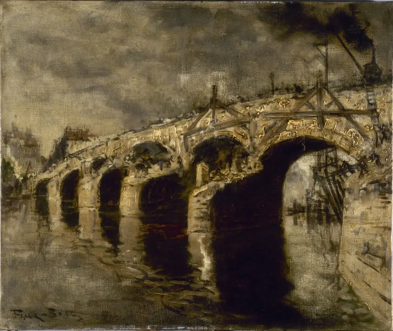 La démolition de l’ancien pont de la Tournelle, oil on canvas by Frank Myers Boggs, showing a bridge at dawn.