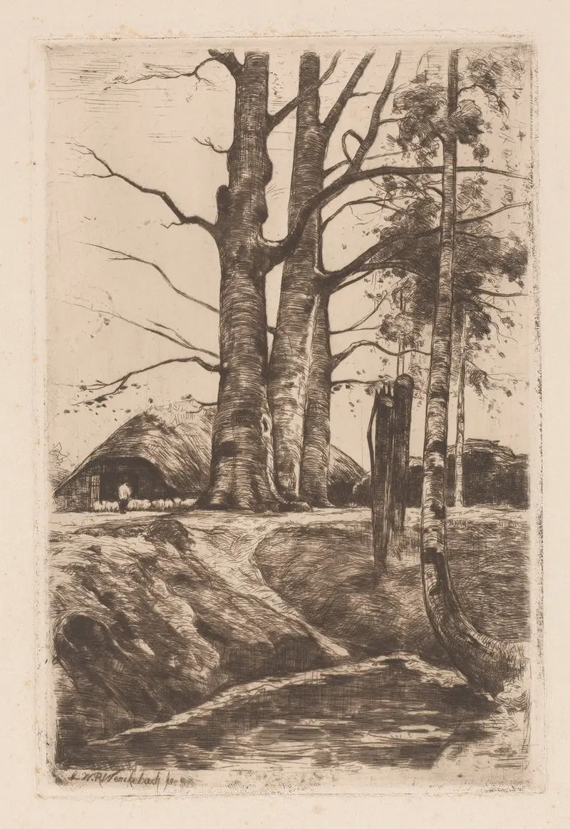 Landschap met boerderij, oil on canvas by Willem Wenckebach, depicting a farmhouse in a lush landscape.