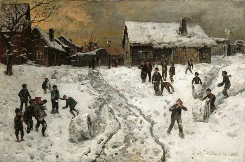 Throwing Snowballs by Gerhard Munthe, oil painting depicting children playing in the snow.