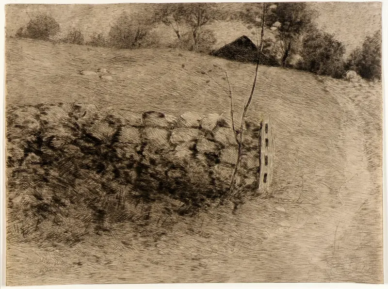 Landscape with a barn and sunlit grass by Julian Alden Weir, oil painting
