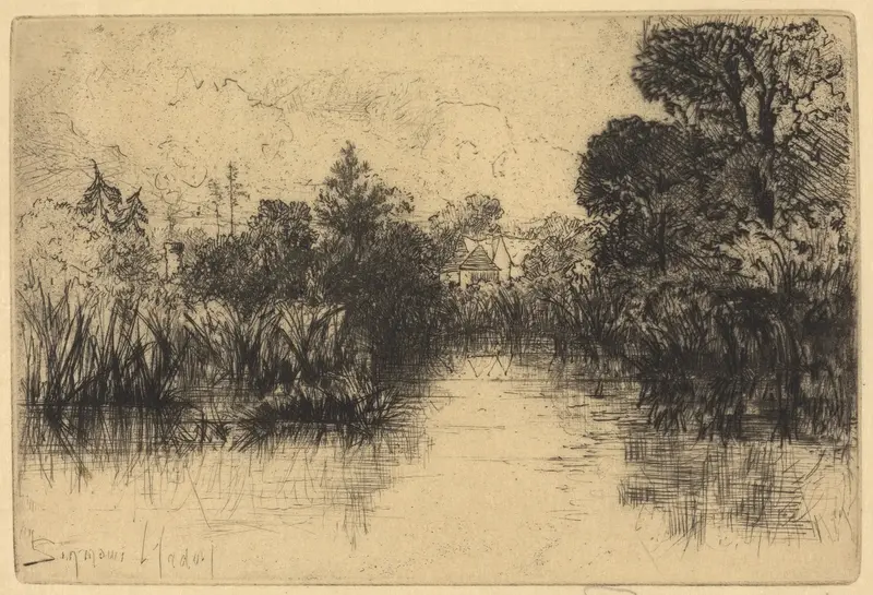 Shere Mill Pond, no. 1 by Francis Seymour Haden, depicting a serene landscape with water and trees, etching.