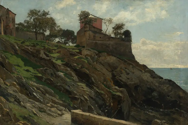 Landschaft bei Nervi, oil on canvas by Paul von Ravenstein depicting rolling hills and sunlight.