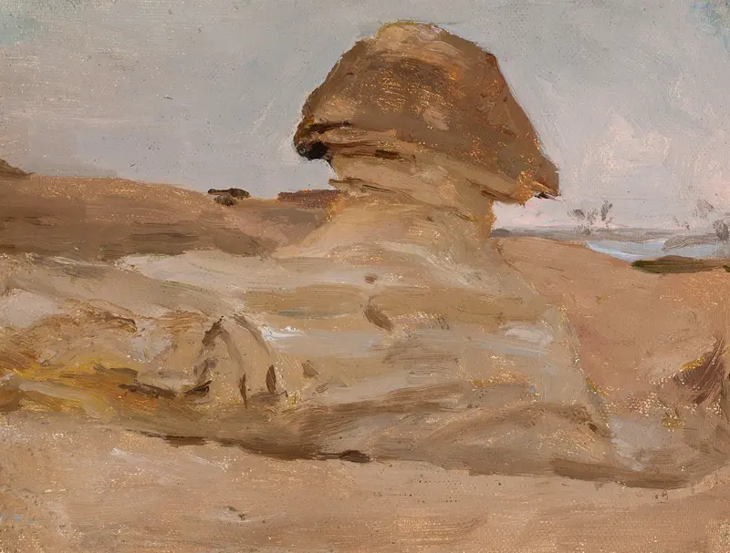 Sphinx in a desert landscape, oil on canvas by Jan Ciągliński