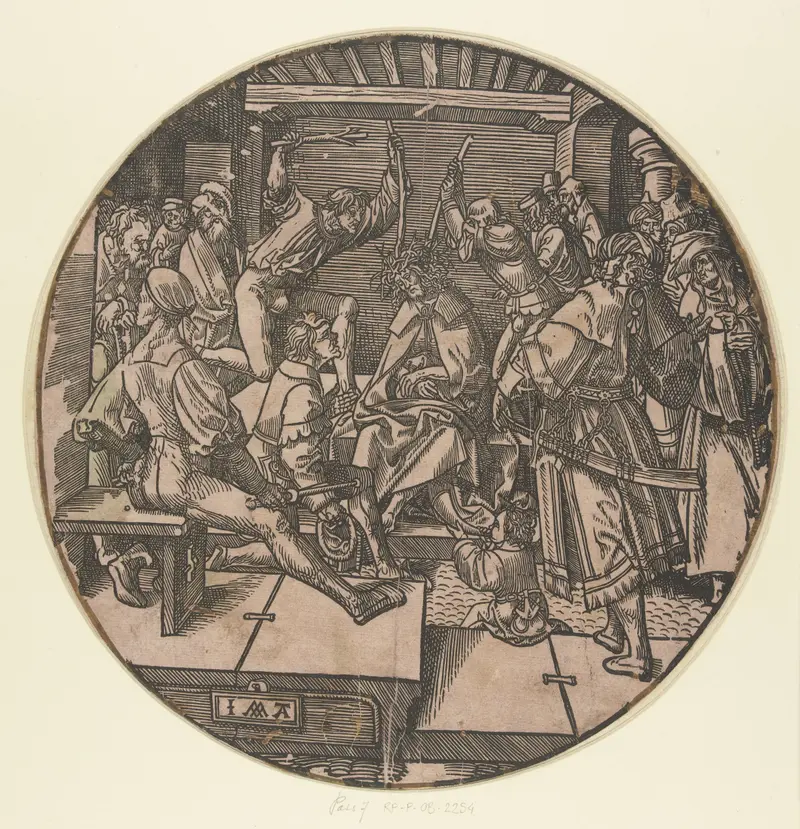 Religious oil painting by Jacob Cornelisz van Oostsanen depicting Christ crowned with thorns.