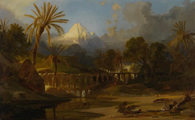 Landscape with Palm Trees and Mountainous Vista by Prosper Marilhat, oil painting