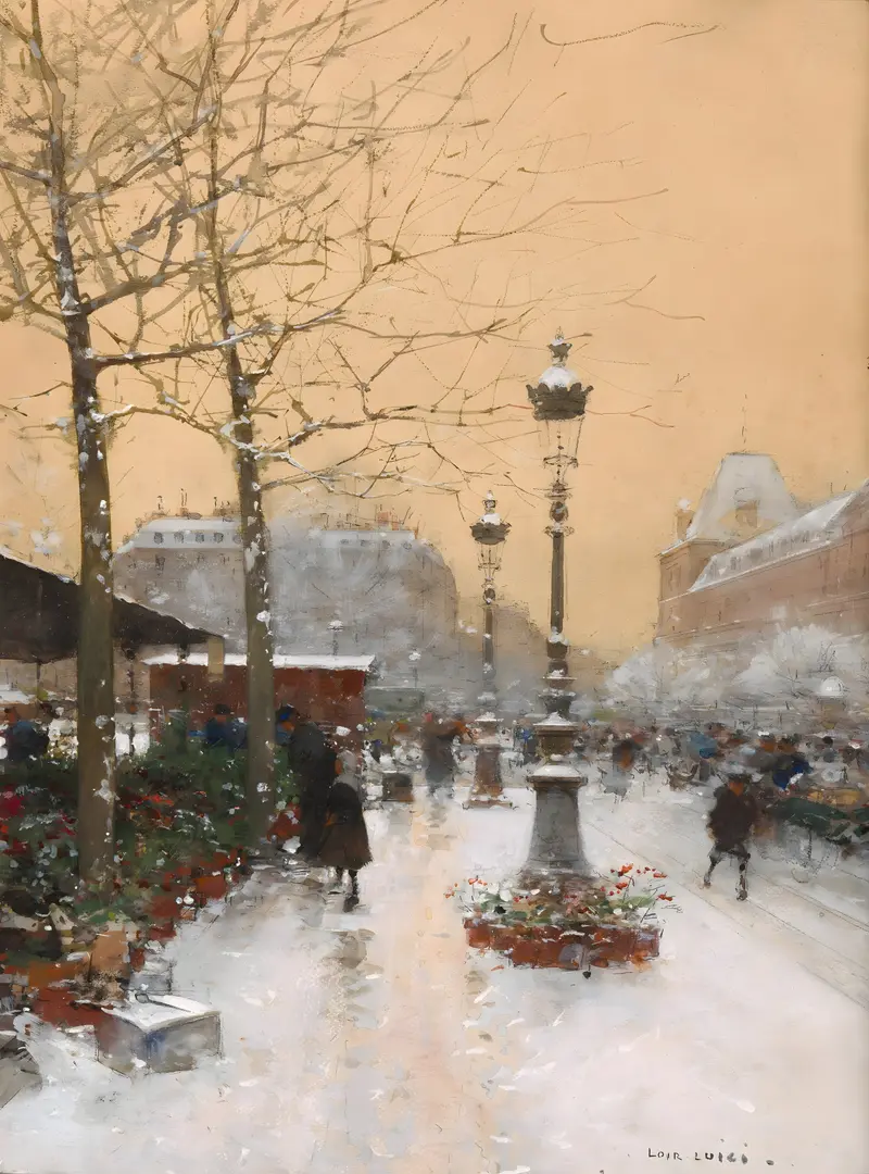 Winter landscape with flowers and snow, oil on canvas by Luigi Loir