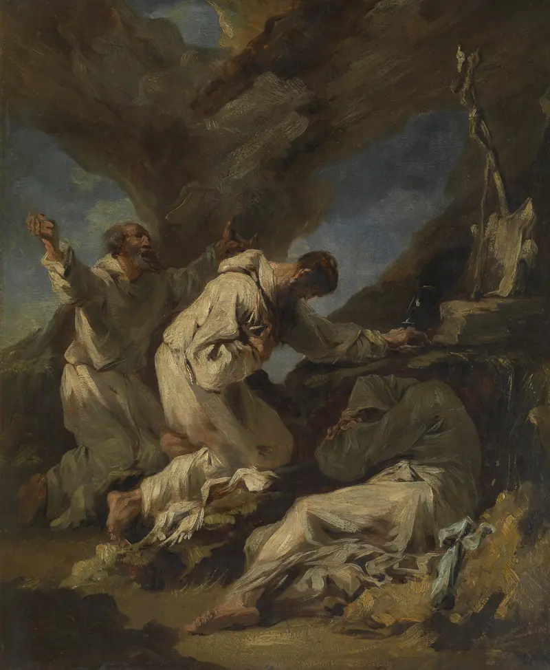 Three monks in white habits fervently praying under a stormy sky, with a wooden cross in the background.