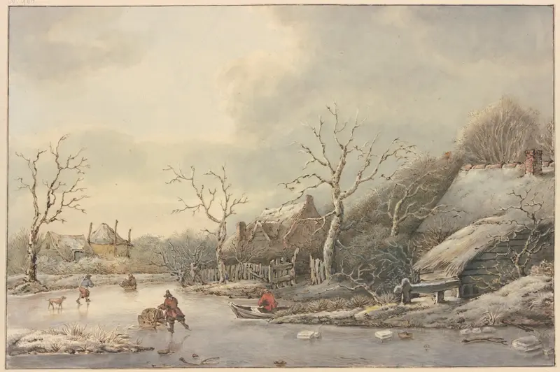 Winter landscape with skaters on a canal by Jan Hulswit, oil painting
