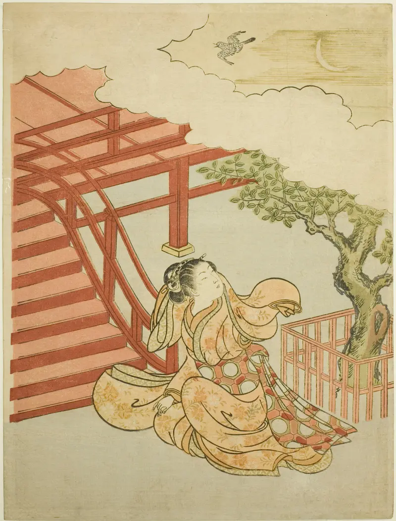 Woodblock print by Suzuki Harunobu featuring a woman in a kimono among clouds.