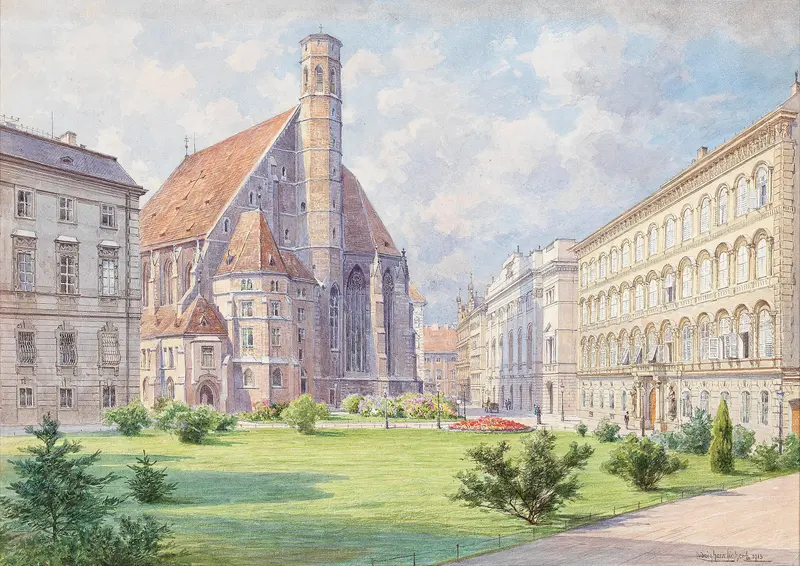 Minoritenkirche in Vienna by Ludwig Hans Fischer, oil on canvas, featuring the church's façade and shadows.