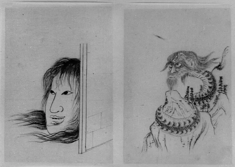A ghostly figure drifts through a shadowed interior, embodying the theme of yūrei in Japanese art.
