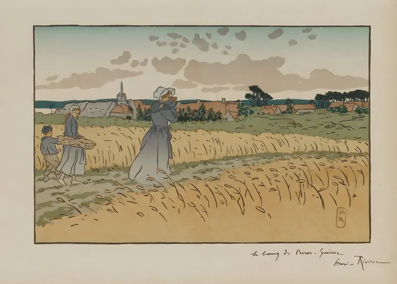 Henri Rivière's 'Le Bourg de Perros-Guirec' captures a coastal village scene with vibrant colors.