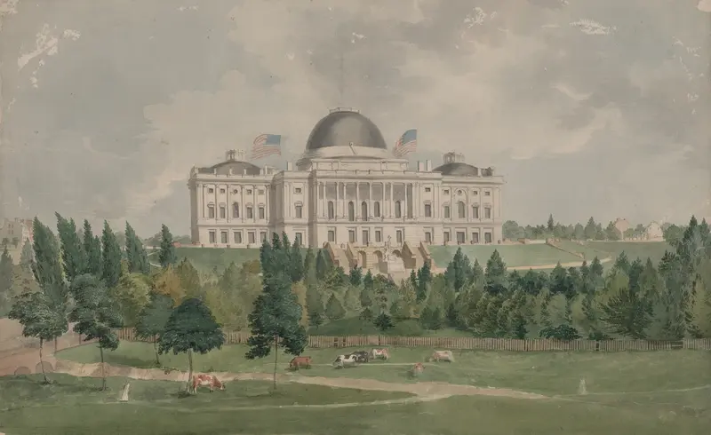 Oil painting by John Rubens Smith depicting the United States Capitol with cows grazing in the foreground.