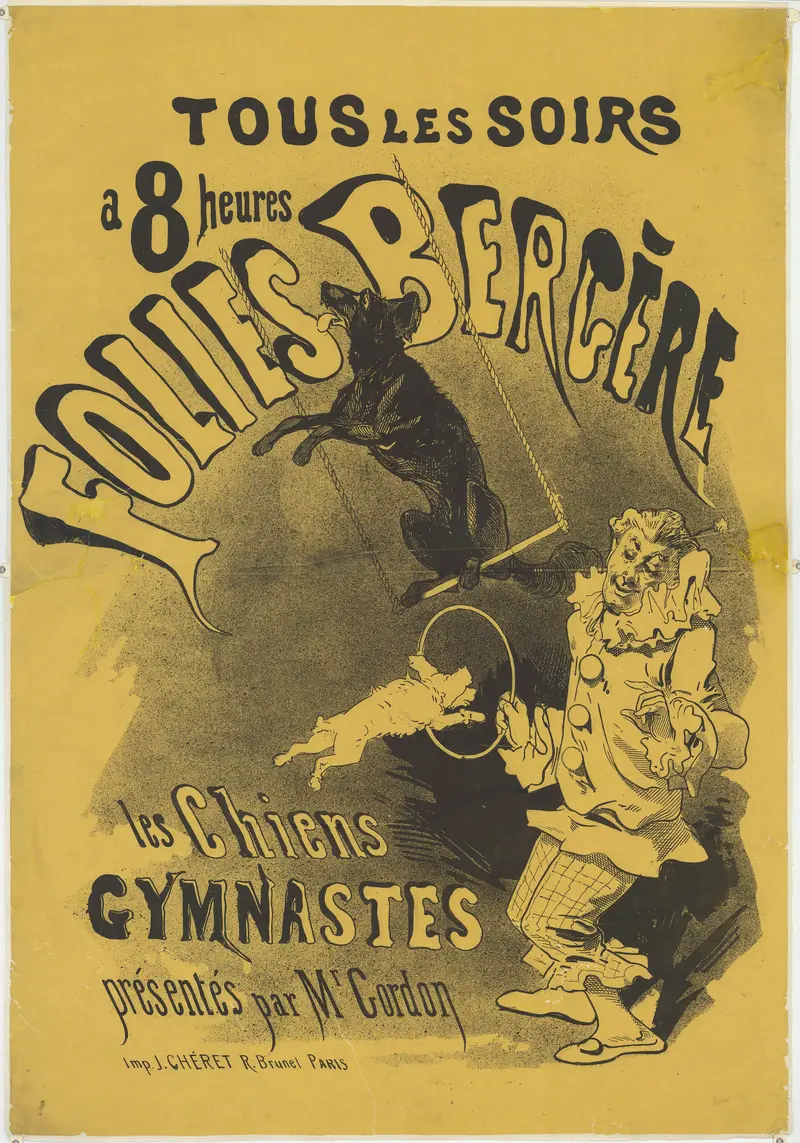 A vibrant poster featuring performing dogs at the Folies-Bergère.