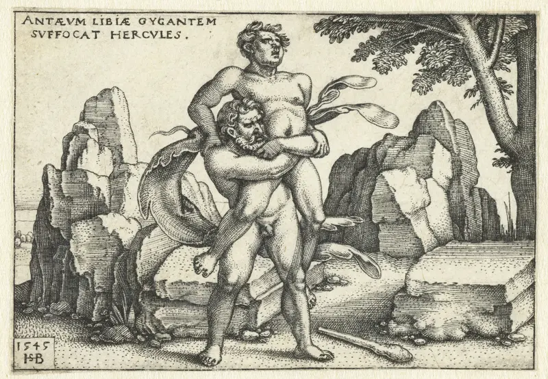 Engraving by Hans Sebald Beham depicting Hercules battling Antaeus