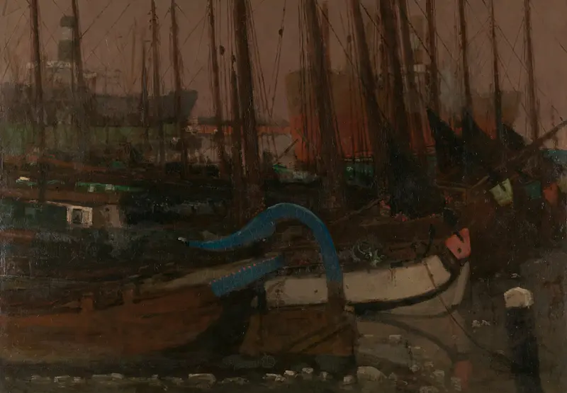 Ships in the Ice by George Hendrik Breitner, oil on canvas depicting icebergs and ships.