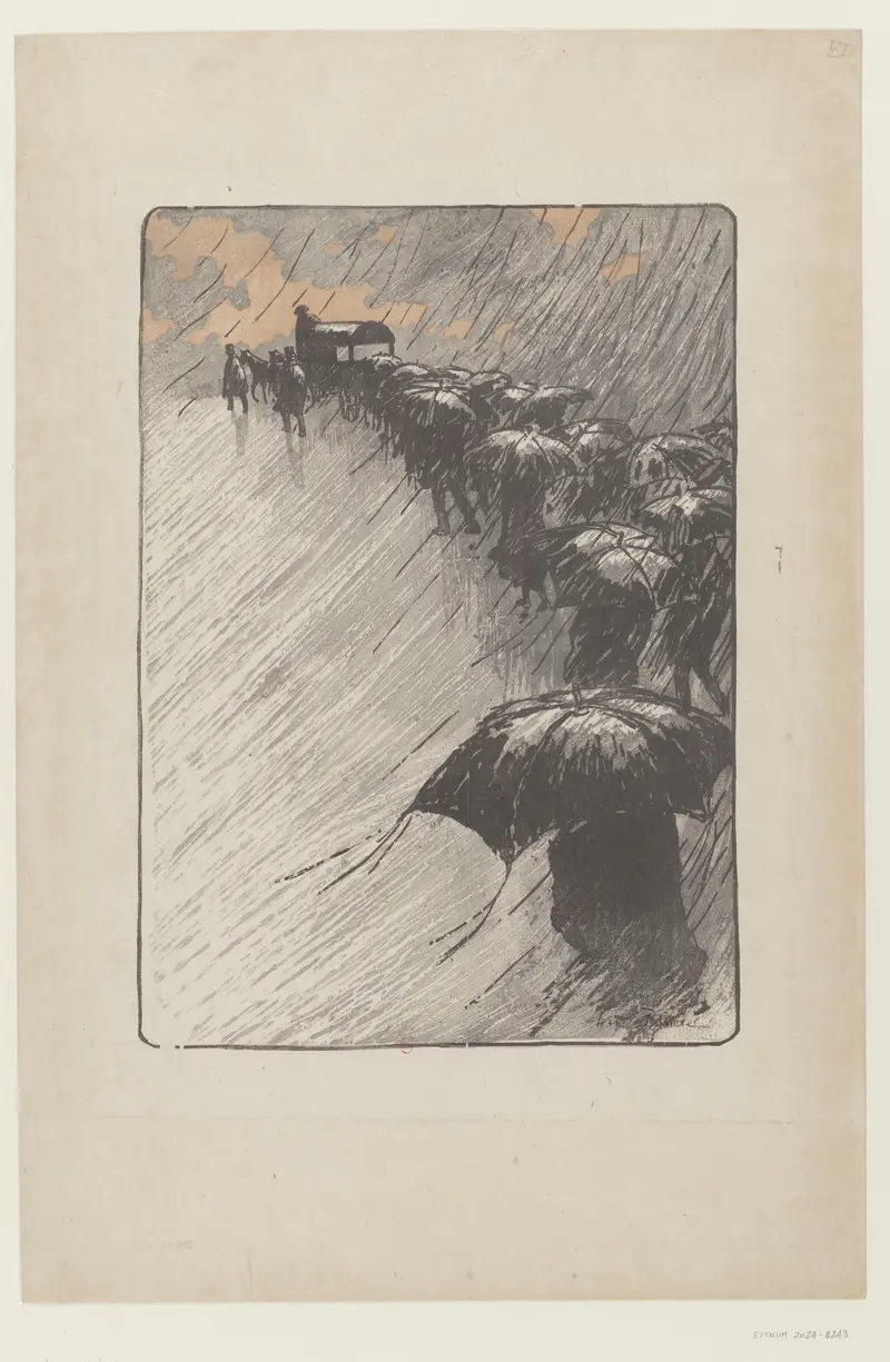 Henri Rivière's 'L’Enterrement aux parapluies' captures a poignant funeral scene.