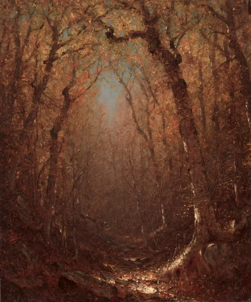 Autumn landscape with a winding path and colorful leaves by Sanford Robinson Gifford, oil on canvas
