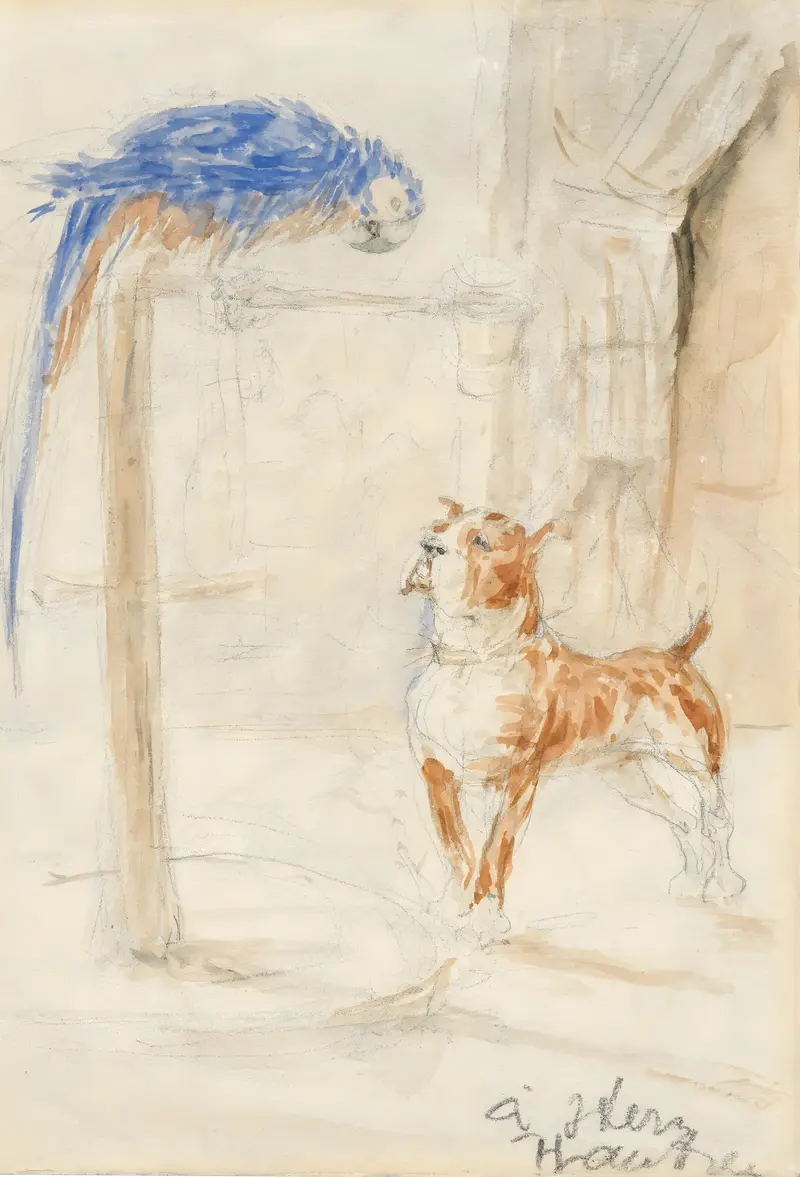 A charming depiction of a parrot and a dog by Toulouse-Lautrec.