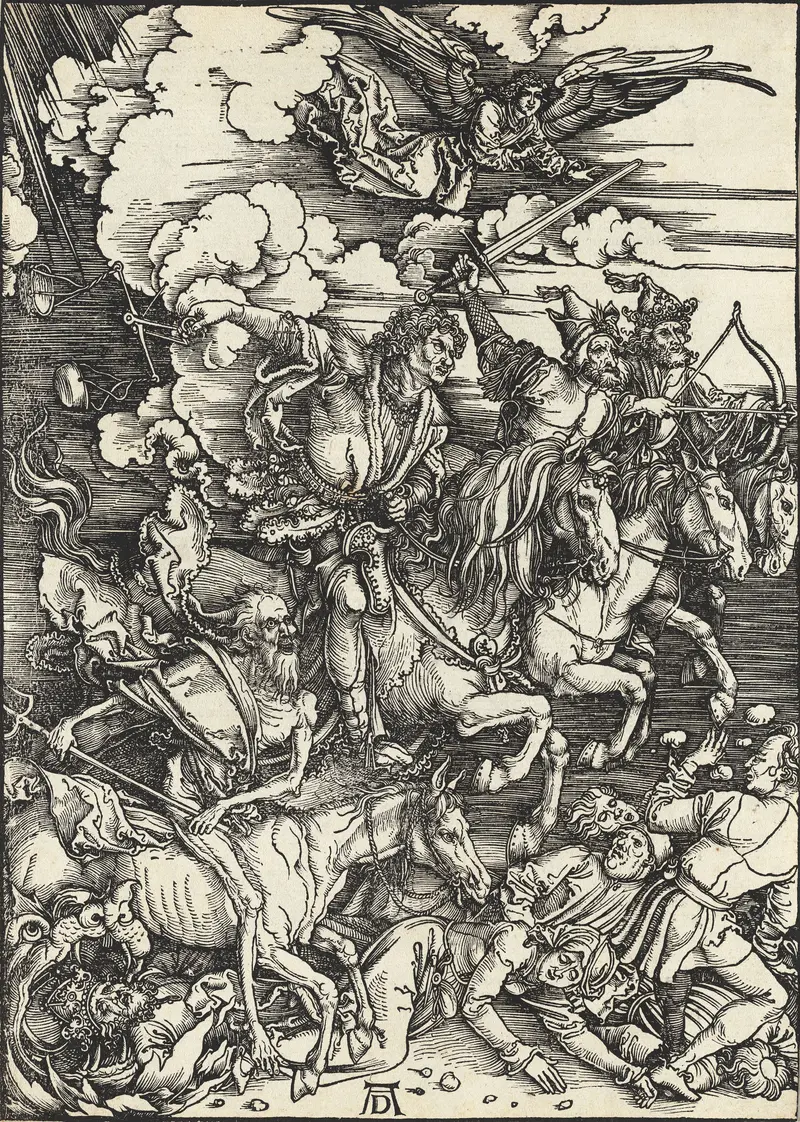 Four mounted horsemen surge diagonally over a mass of writhing, crushed bodies beneath their horses’ hooves, rendered in dense black lines and cross-hatching.