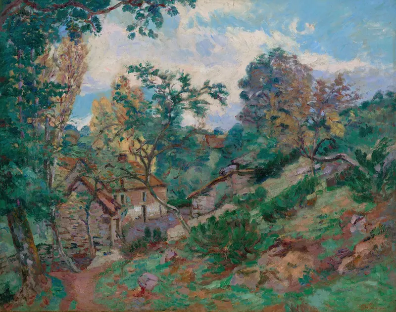 Paysage by Armand Guillaumin, oil on canvas depicting a vibrant landscape with sunlight filtering through trees.