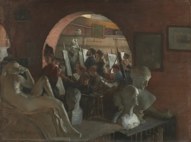 Interior scene with a figure, sunlight and curtains, oil on canvas by Charles Courtney Curran
