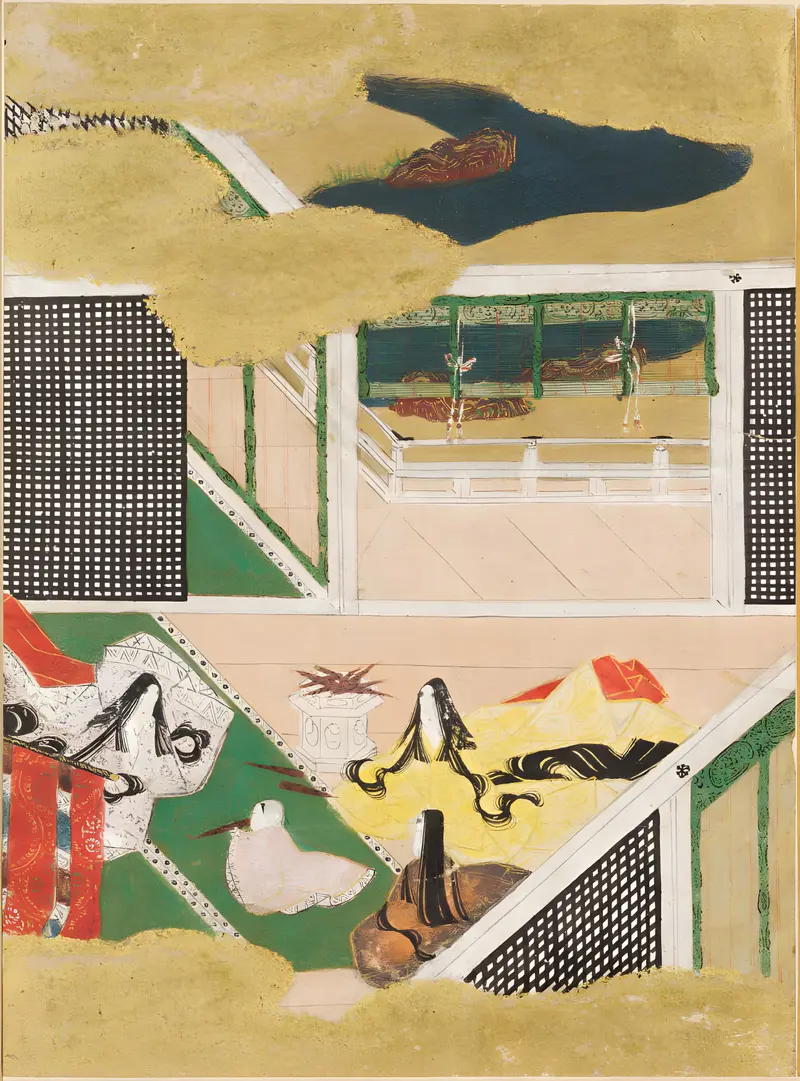 The Flute by Tosa Mitsunobu, gold medium, featuring a serene female figure playing a flute
