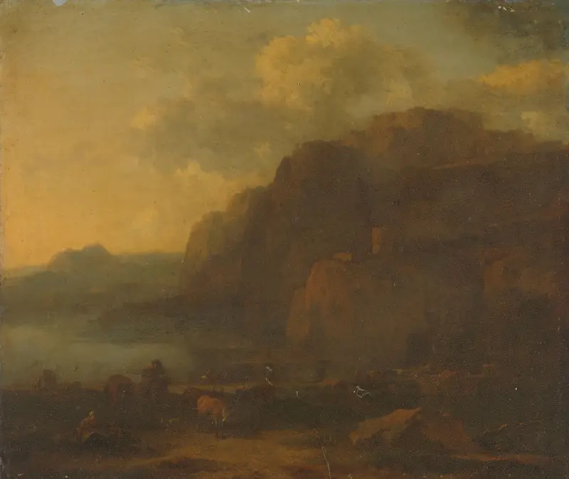 Italian Landscape by Nicolaes Pietersz Berchem, oil on canvas depicting rolling hills and golden light