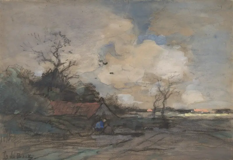 Landscape with a Cottage by Théophile de Bock, oil painting depicting a rural scene with a cottage and hills.