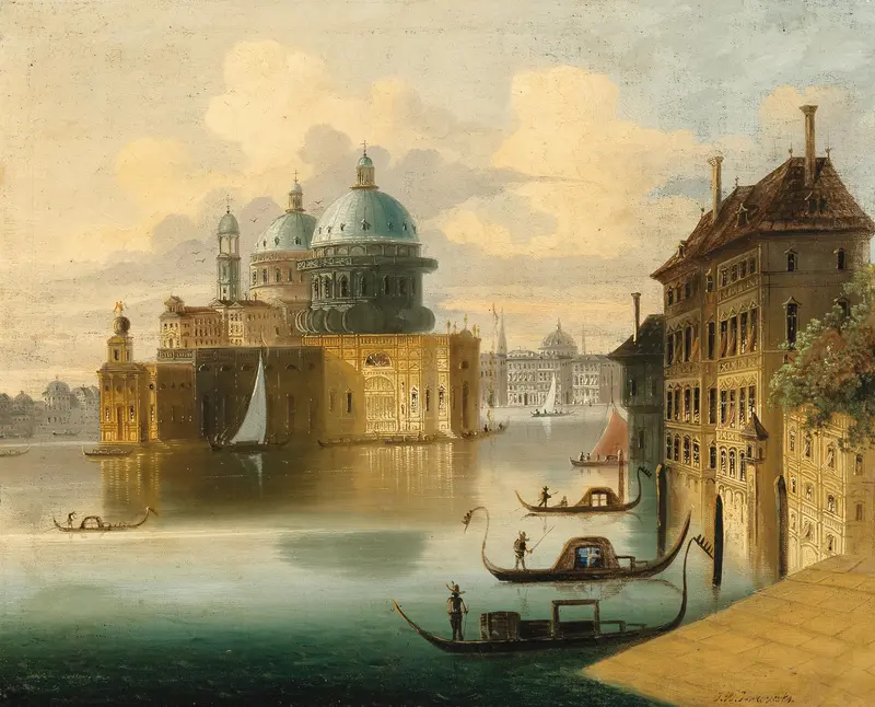 Venice, Capriccio by Johann Wilhelm Jankowsky, oil on canvas depicting a serene canal scene