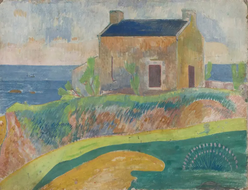 La Maison Du Pendu by Paul Gauguin, watercolor depicting a twilight village with houses and a colorful sky