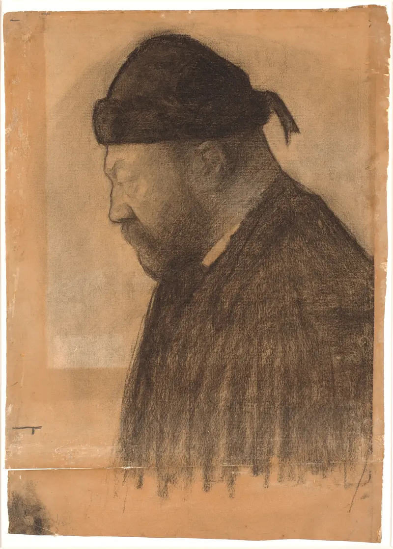 A profile portrait of Thorvald Bindesbøll by Vilhelm Hammershøi.