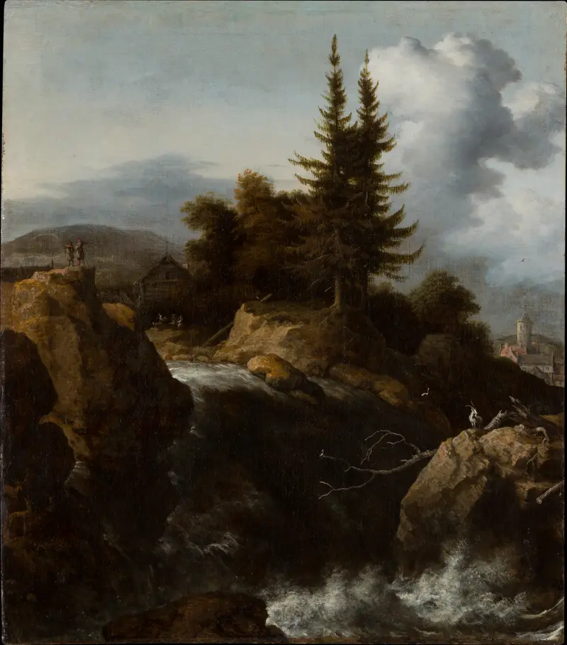 Landscape with Waterfall by Allaert van Everdingen, oil painting depicting a tranquil forest scene with a waterfall.