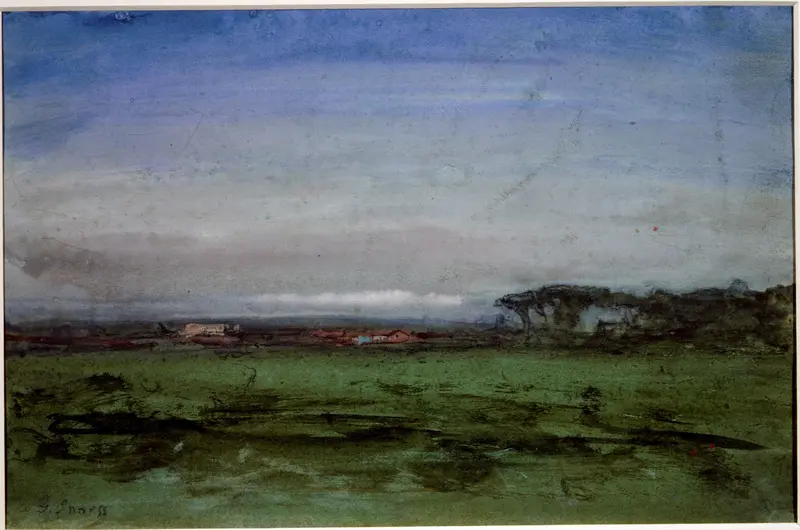 Oil painting by George Inness depicting a golden field under a vast sky.