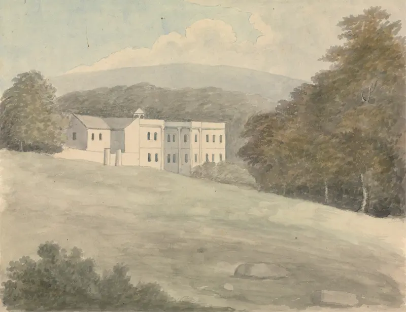 Norbury Park by Edward Francis Burney, oil on canvas, depicting a serene landscape with trees and a pond.