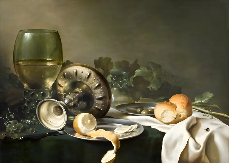 Still life oil painting by Willem Claesz Heda featuring glass, fruit, and tableware