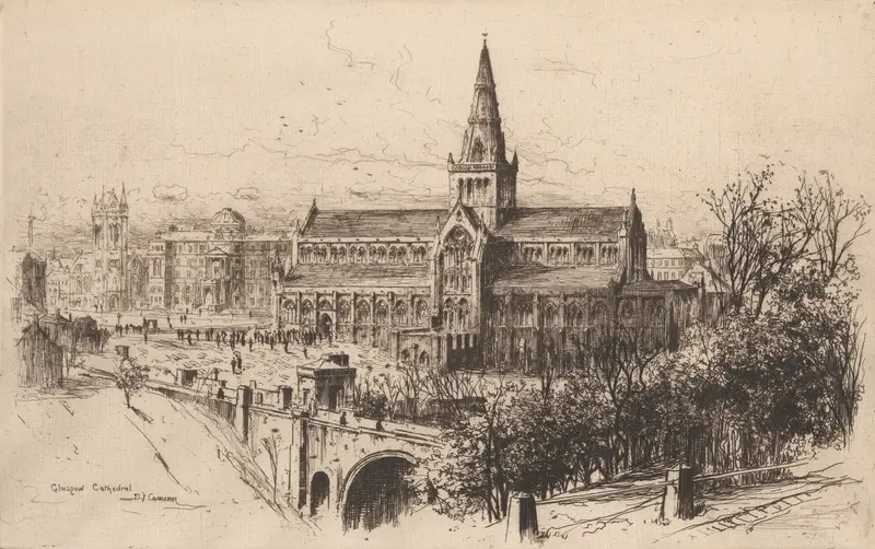 Etching of Glasgow Cathedral by David Young Cameron, featuring intricate stonework.