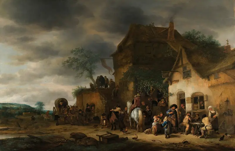 Genre scene of travelers resting at a country inn, oil painting by Adriaen van Ostade.