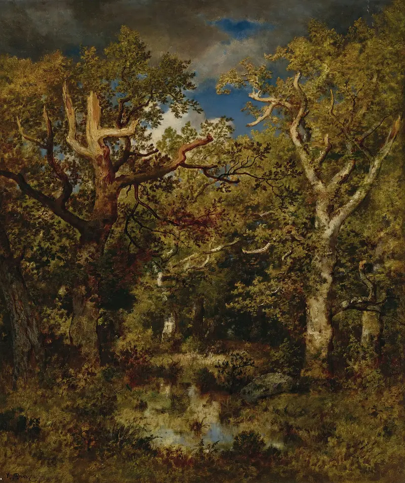 Oil painting by Narcisse-Virgile Diaz de La Peña depicting a forest scene with a decaying tree.