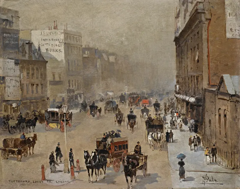 Urban landscape oil painting by Paolo Sala depicting chaos and movement